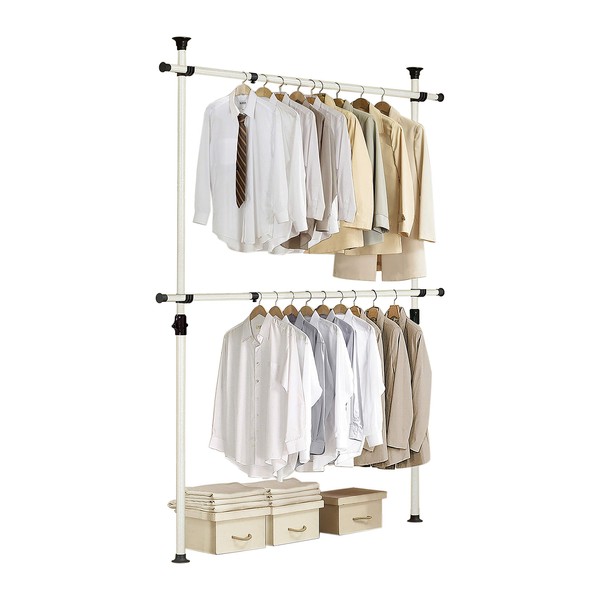 Prince Hanger, One Touch Double Adjustable Clothes Rack, Clothing Rack, Garment Rack, Freestanding, Organizer, Heavy Duty, Tension Rod, Made in Korea (Ivory)