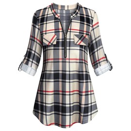 Flattering Tops for Women,Tanst Ladies Long Sleeve Split V Neck Classy Form Loose Fitting Plaid Pattern Aline Curved Hem Stylish lightweight Tartan Shirts with Fake Pockets Yellowe L