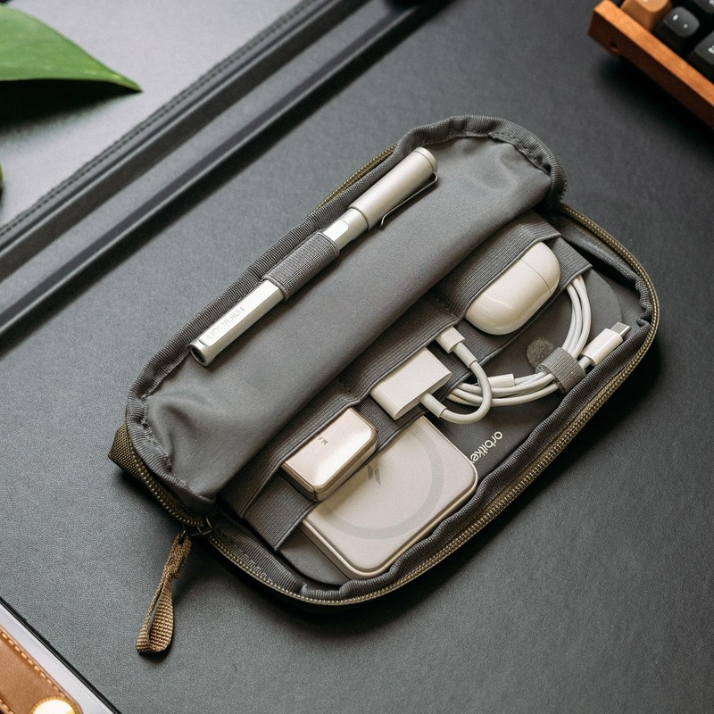 Olive Expandable Desk Storage Pouch – Fold-Down Access Panel, Pen