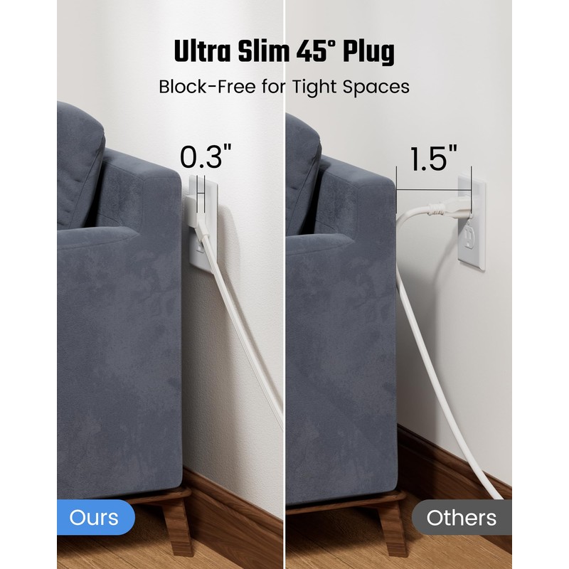Extension Cord 3ft SUPERDANNY Mini Power Strip Ultra Right Angled