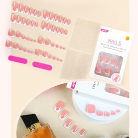RUNRAYAY French Tip Fake Nails Set, Press on Nails Medium & Press on Toes Short Square for Beach Party Daily Decoration, Fake Nails for Women, Stick on Nails in 48 Pcs