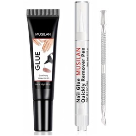 MUSILAN Solid Nail Glue Gel with 6ml Nail Glue Remover Pen,Super Strong Nail Glue for Press On Tip Quick Drying Nail Glue Remover No Need for UV Lamp Click Removal Pen Design 3-in-1 Nail Glue Remover