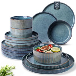 GBHOME Stoneware Dinnerware Sets for 8,Round Reactive Glaze Ceramic Plates and Bowls Set,Highly Scratch Resistant| Dishwasher & Microwave Safe Dishes Set,Service for 8(24Pcs)