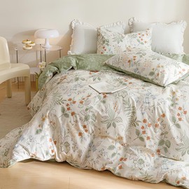 Nayoroom Floral Duvet Cover Queen Size Green Leaf Red Flower Printed on White Comforter Cover Reversible Garden Cottagecore Bedding Set with Zipper Closure 3Pcs Soft Breathable Microfiber Quilt Cover