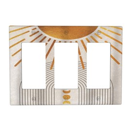 Mid Century Gold Sun Abstract Arch Boho Moon 3 Gang Rocker Light Switch Covers Decorative Unique Triple Outlet Wall Plate Cover Faceplate Decorative Switchplate GFCI for Kitchen Bathroom Decor