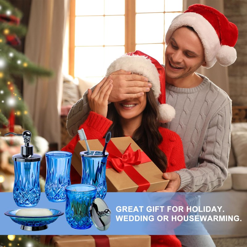 Bathroom Accessories Set,5 Pcs Blue Glass Bathroom Accessory Set,Complete Lotion