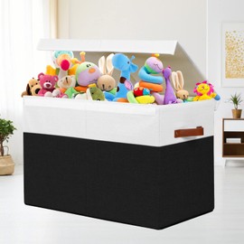 Large Toy Storage Box with Lid, Sturdy Toys Storage Chest Bin Organizer Basket with Dividers for Kids, Boys, Girls, Nursery, Closet, Bedroom, Playroom 25"x13" x16" (Black and White)