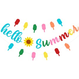 Hello Summer Banner, Colorful Glitter Summer Sunflower Banner, Hello Summer Ice Cream Popsicle Garland, Summer Party Indoor Outdoor Home Mantel Fireplace Hanging Decorations