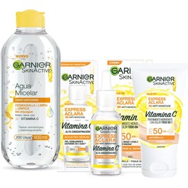 Kit Garnier Express Aclara Rutina anti manchas con Vitamina C Sérum facial, agua micelar y todo-en-1 tono medio con FPS, 3 piezas. Hidrata, ilumina y