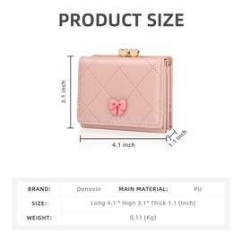 Denovin Wallet Women, Pink Small Coquette Bow Trifold Wallets Woman, Heart Shaped Kiss-lock Business Credit Card Coin Holder Purse Pocket for Cash Key Change (Pink)