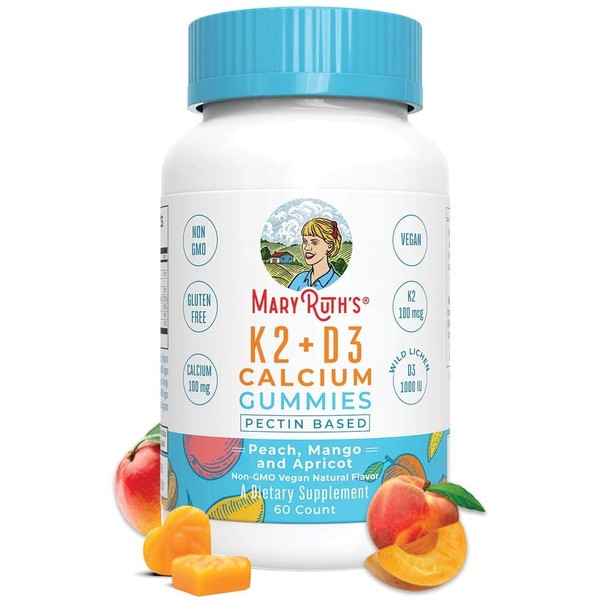 Vitamin D3, K2 Calcium Gummies by MaryRuth's, Plant Based, Non-GMO, Gluten Free for Men, Women & Kids, 2 Month Supply (60 Gummies)