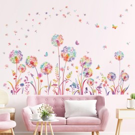 decalmile Colorful Dandelion Flower Wall Decals Flying Floral Butterfly Wall Stickers Living Room Girls Bedroom Nursery Wall Decor
