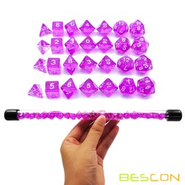 Bescon 28pcs Translucent Purple Mini Polyhedral Dice Set in Tube, Dungeons and Dragons RPG Dice 4 x 7 Pieces, Mini Gem Violet Dice Set