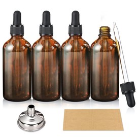 4 Pack, 100ml Dark  Dropper Bottles with 1 Funnels & 4 Labels - 3.4oz Brown Glass Tincture Bottles with Eye Droppers for Essential Oils, Liquids - Leakproof Travel Bottles - Color: Measured Dropper