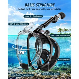 X99 Full Face Snorkel Mask for Adults, Snorkeling Gear with Latest Dry Top Breathing System Anti-Fog & Anti-Leak, 180°Panoramic View Snorkeling Set Adult with Camera Mount(Black L/XL)