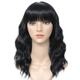 YEESHEDO Black Women's Short Bob Wig with Fringe Curly Natural Wigs for Women Cosplay Wig 14 Inches