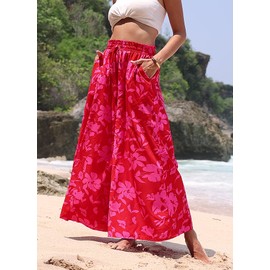 SimpleFun Flowy Pants for Women Boho Palazzo Pants Elastic Waisted Beach Trousers Wide Leg Style Floral Red S