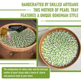 Rattan Serving Tray with Mother of Pearl - Hand-Woven Wicker Trays for Decor - with 2 Small Coasters of Round Rattan Tray for Coffee, Fruit, and Snacks, Ideal for Table Decor (Green Leaves, 13.6")