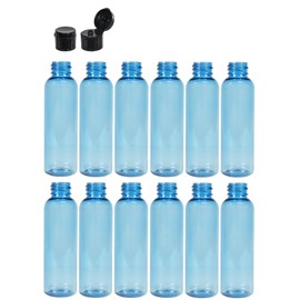 Premium Essential Oil 2 Ounce Cosmo Round Bottles, PET Plastic Empty Fillable BPA-Free, with Black Smooth Flip-Up Snap Caps (Pack of 12) (Light Blue)