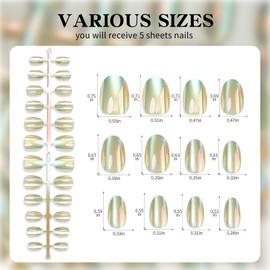 72Pcs Cat Eye Nail Tips Chrome Effect Short Oval Fake Nails Green Holographic Laser Acrylic Gel Nails Press on False Nail for Women and Girls