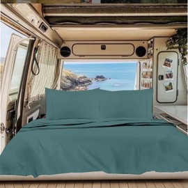 Short Queen Sheet Set – 100% Egyptian Cotton, 4-Piece Lagoon Blue Solid Sheets – 12” Standard Pocket Fitted Sheet – RV Short Queen Mattress Bedding for Camper, RV Bedding, Travel Trailer