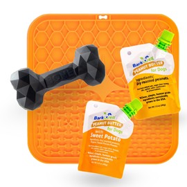 Durable Dog Chew Toy for Treats and Dog Peanut Butter, All Natural Rubber chew Bone (S, Black), Rubber Lick mat and 2 1.4oz Peanut Butter Squeeze Dog Peanut Butter Treat Pouches