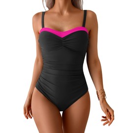 Aidonger One Piece Swimsuit Tummy Control Color Block Bathing Suits for Women Ruched Slimming Swim Suit Tie Back