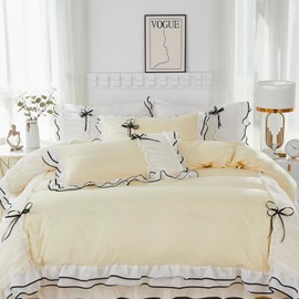 Lemfux Pink Duvet Cover Queen Size, Ruffle Beddding Set with Bowtie, 3 Pieces Comforter Cover Set with Zipper Closure, Girl Bedding French Country with Pillowcase - Light Pink, Queen