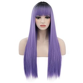 BERON Black Ombre Purple Wigs Straight Long Hair Wigs with Bangs Women Fashion Heat Resistant Synthetic Natural Looking Wig for Cosplay Party or Daily Use