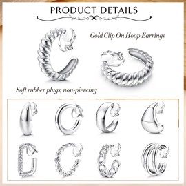 YADOCA 9 Pairs Gold Clip on Hoop Earrings for Women 14K Gold Plated Twist Waterdrop Chunky Hoop Clip Earrings No Piercing Fake Earrings Set