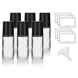 Clear 1 oz / 30 ml Large Glass Heavy Wall Roll On Bottle (6 PACK) + Funnel and Labels for Aromatherapy, DIY, Perfume, Home and Travel