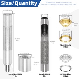 Glarks 102pcs 10.5mm Grommets Eyelets with Tool Set, 100Pcs Golden, Silver, Metal Grommets Tool Kit with Washers and 2pcs Installation Tools for Fabric, Canvas, Curtain, Leather Repair