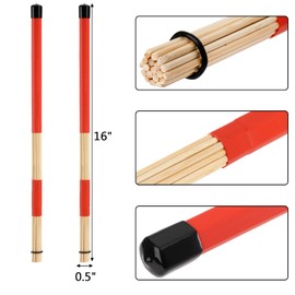 YOUEON 3 Pair 16 Inch Bamboo Hot Rods Drumsticks, Constructed of 19 Bamboo Dowels, Rods Drum Brushes, 5A Drum Sticks for Jazz, Rock Band, Folk (Red)