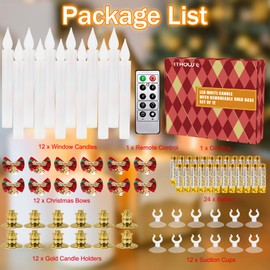 Kithouse Set of 12 Flameless Candles-Window Candles-LED Battery Operated Candles,with 24 AA Batteries,10-Key Remote and Daily Timer,Window Suction Cups,Gold Removable Holders,Christmas Bow