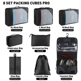 Toncoke 8-Piece Packing Cubes for Travel, Mesh Luggage Organizers with Shoe Bag, Toiletry Bag, Laundry Pouches, 4 Sizes (XL/L/M/S) for Suitcase Organization, Men Women Kids, Black