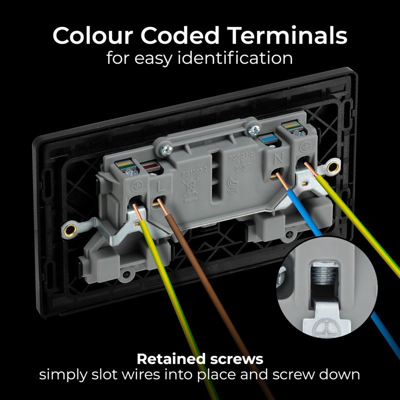 BG Electrical Evolve Double Switched Socket, 13 A, Black/Chrome
