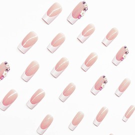CEWEWP French Tip Press on Nails Square Coffin Fake Nails Long Pink Flower False Nails Pink Rhinestone Nail Charms Designs Press on Nail Summer Acrylic Full Cover Glue on Nails for Women Girls 24 Pcs