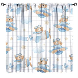 JanJCurt Blue Bear Curtains for Boys, Cartoon Cute Adventure Bear Airplane Clound Stars Print Window Treatments for Baby Bedroom Living Room, 42x45in （No Blackout）