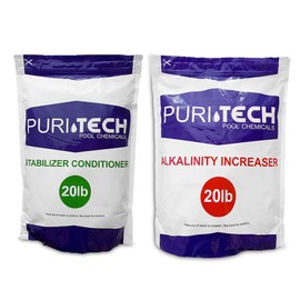Puri Tech Chemicals 20 lb Alkalinity Increaser & 20 lb Stabilizer Conditioner Kit for Swimming Pools & Spas Balance Chemical Levels Keeps Surfaces & Water Clean