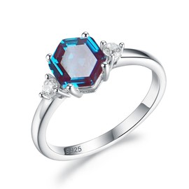 ITI KUOLOLIT Lab Alexandrite Gemstone Genuine 925 Sterling Silver Ring for Women Hexagon Cut Women's Ring for Engagement Bride Romantic Birthday (White Rhodium Plated, 5)