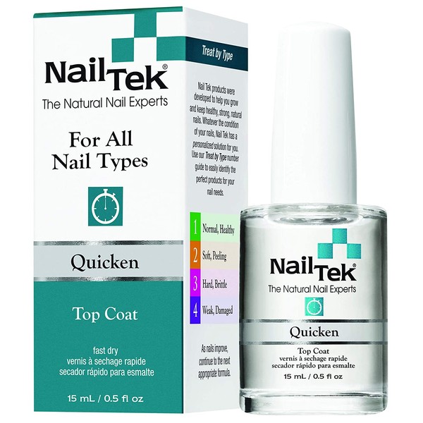 Nail Tek Quicken Fast Drying Top Coat For All Nail Types, Non-Yellowing, Prevents Nail Polish from Smudging for Lasting Manicure and Pedicure, 0.5 Oz, 1-pack