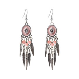 Fuvirou Vintage Bohemian Beaded Long Tassel Drop Dangle Earrings Unique Bohemian Ethnic Tassel Feather Dangle Earrings for Women Jewelry Gifts (pink)