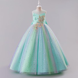 IBTOM CASTLE Pageant Dress for Girls Flower Girl Sleeveless Mesh 3D Butterfly Pearl Floral Sequins Tulle Long Dress Toddler Kids Birthday Party Wedding Formal Ball Gown Teal Green 5-6 Years