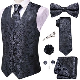 Hi-Tie Silk Mens Vest Bowtie Set Dark Lead Gray Floral Formal Suit Vest Jacquard Tie Handkerchief Cufflinks 5PCS Dress Waistcoats Wedding