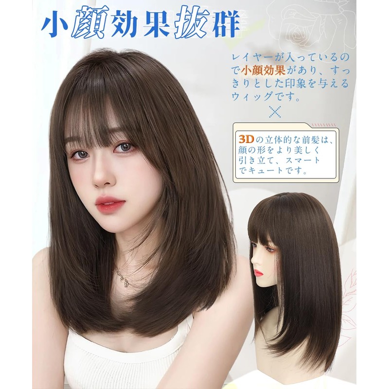 AISIHAIR Wig, Semi-Long, Medium, Brown, Straight, Full Wig, Long, Small