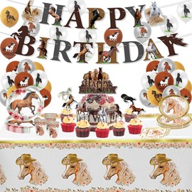 Horse birthday decoration, horse party decoration, 88 pieces horse birthday decoration set, tablecloth, paper plates etc. for birthday party.