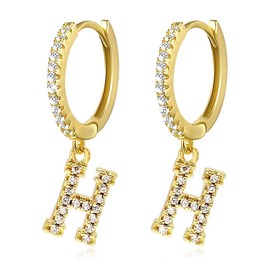 A-Z Letter Earrings, Hoop Earrings for Girls Women Children, 14K White Gold-Plated Cubic Zirconia Initial Letter Earrings, Dangling Small Huggie Earrings, Jewellery, 14 carat gold plated, H Gold