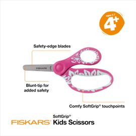 Fiskars 5" SoftGrip Blunt-Tip Scissors for Kids Ages 4-7, Scissors for School or Crafting, Back to School Supplies, Pink/Turquoise Floral
