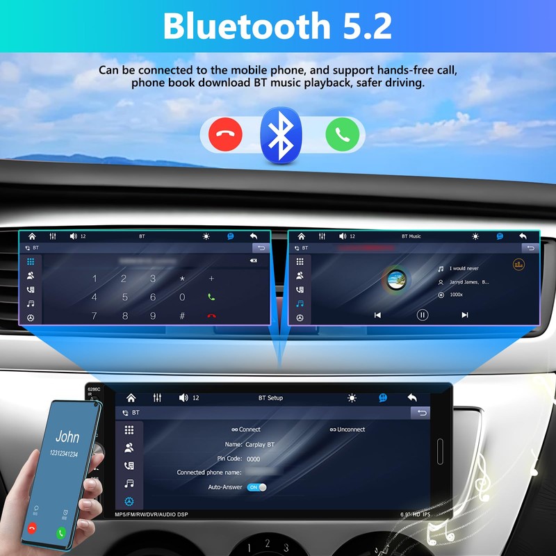 Motorsi Single Din Car Stereo with Wireless Apple Carplay, 6.9