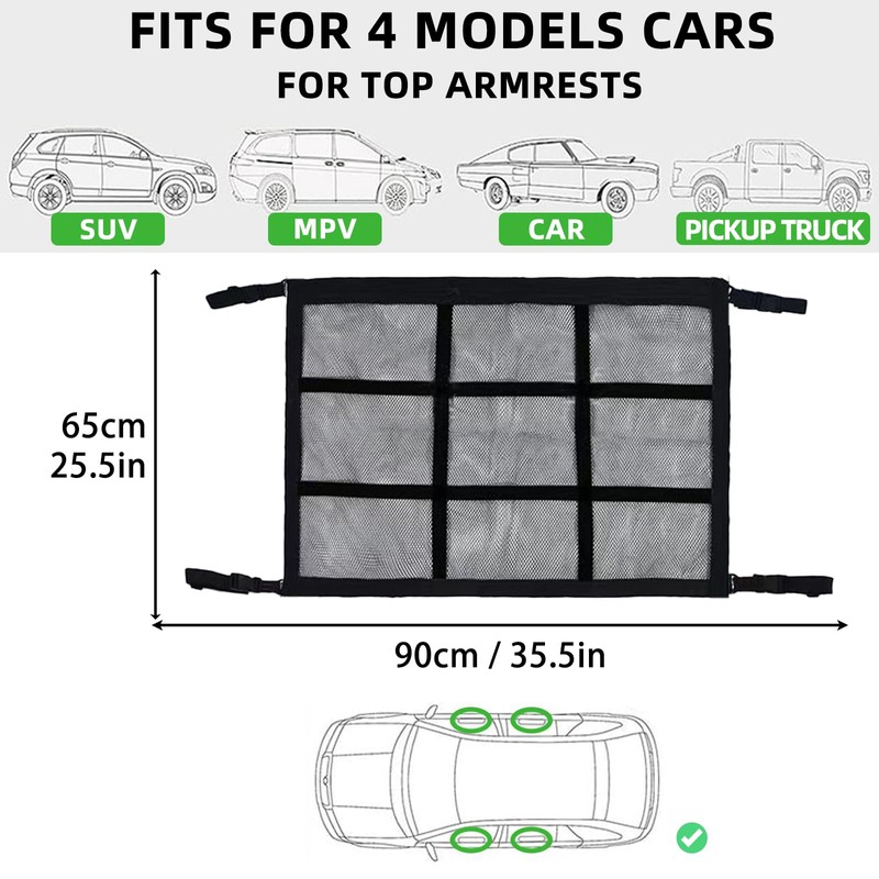 CCAIPU Car Ceiling Cargo Storage Net Pocket, Adjustable Double-Layer Mesh